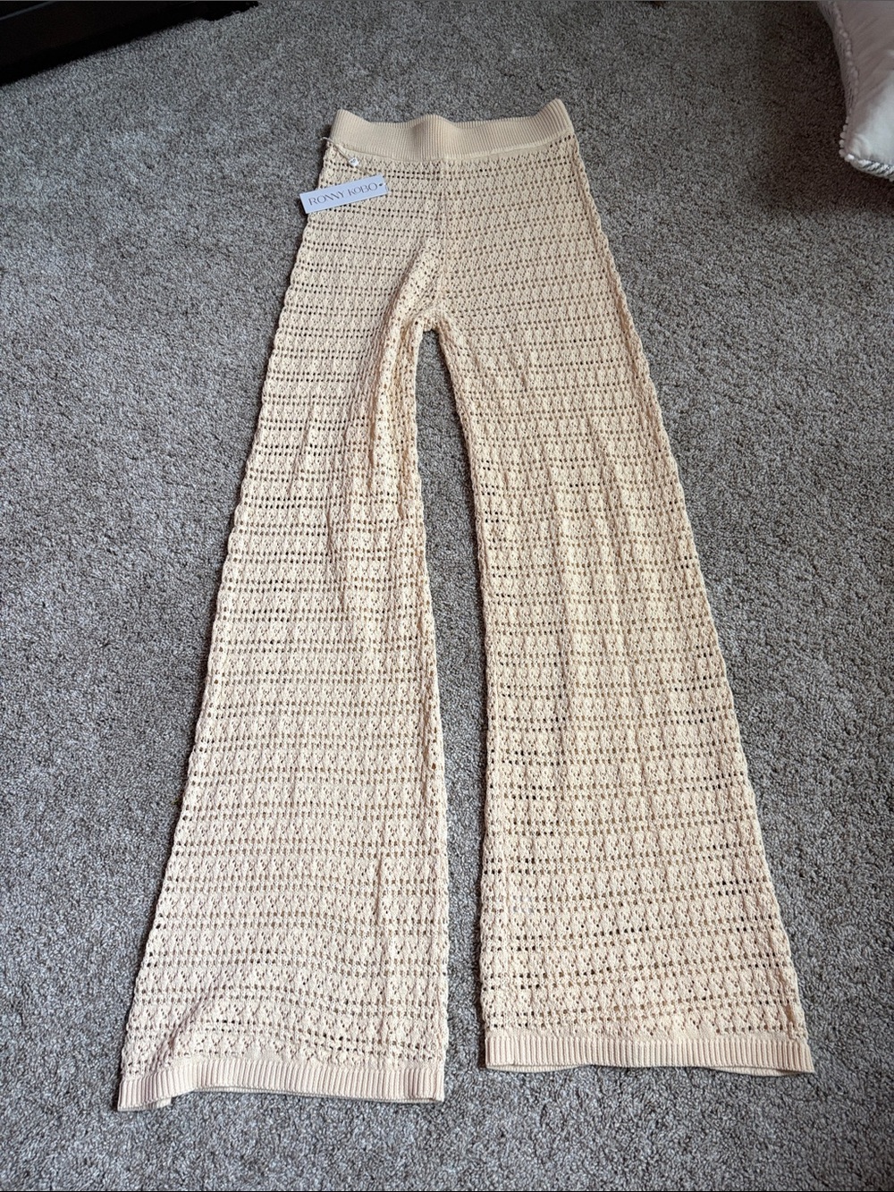 Ronny Kobo Collection Cream Crochet Wide-Leg Knit Pants
